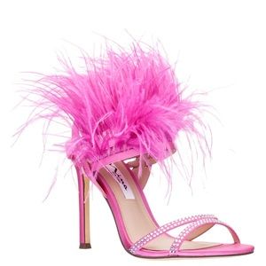 WOMENS ULTRA PINK SATIN CRYSTAL FEATHER STILETTO SLINGBACK DRESS SANDAL